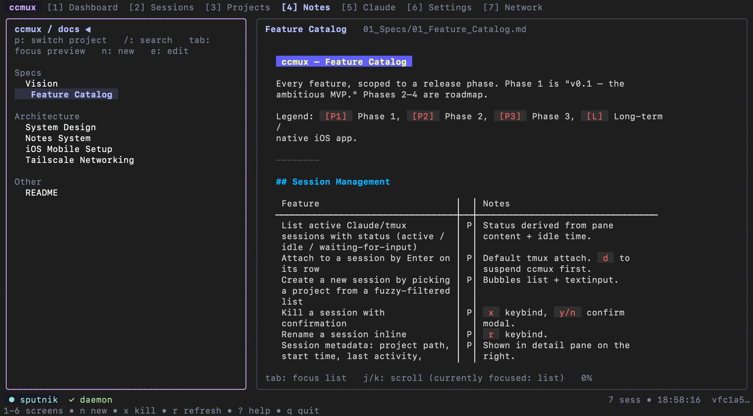 ccmux notes screen showing the docs/ tree on the left — Specs (Vision, Feature Catalog), Architecture (System Design, Notes System, iOS Mobile Setup, Tailscale Networking) — with the selected Feature Catalog markdown rendered on the right.